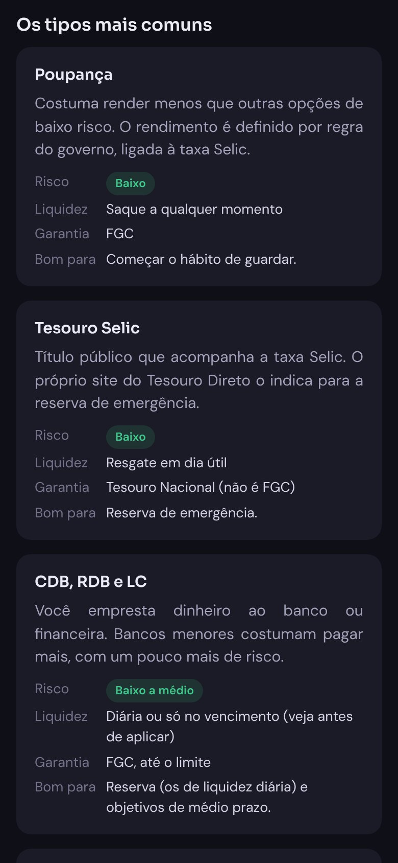 Guia dos tipos de investimento com risco, liquidez e garantia